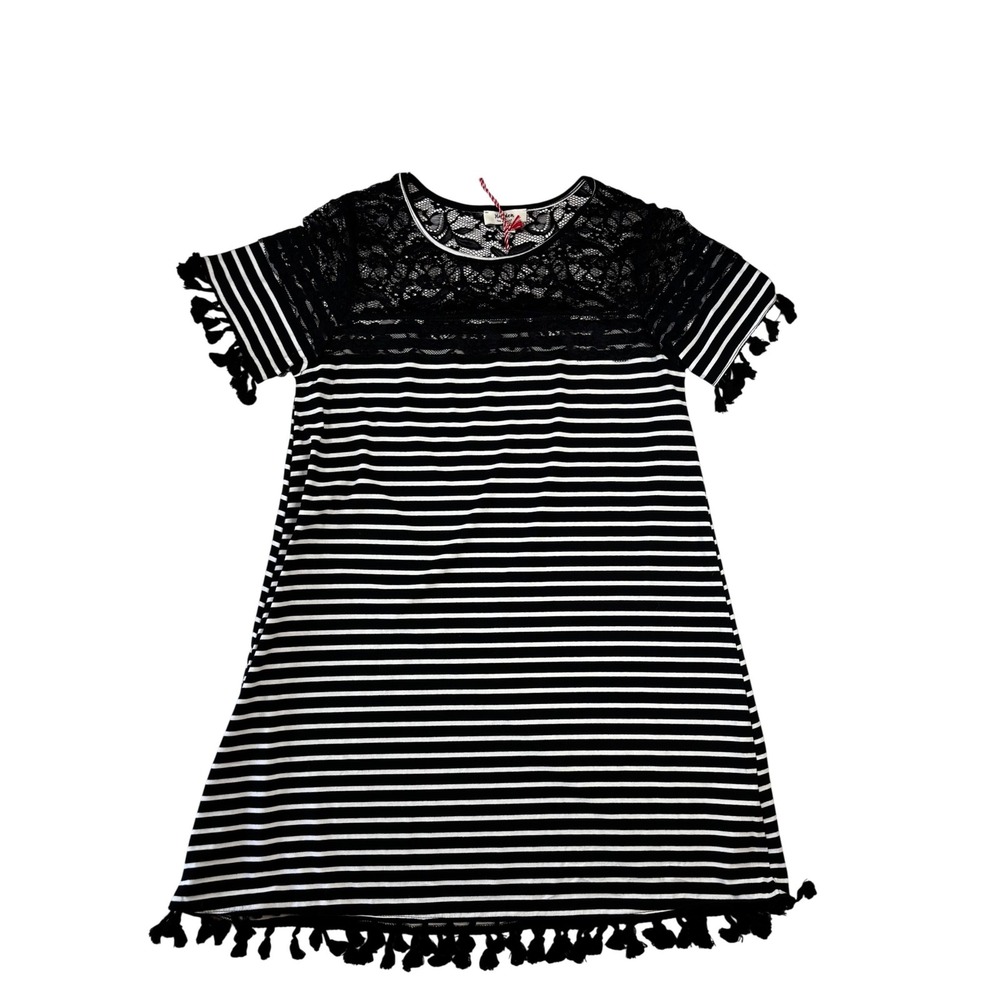 NWT Hayden Los Angeles Womens Black White Striped Lace Yoke Tassel Mini Dress S
